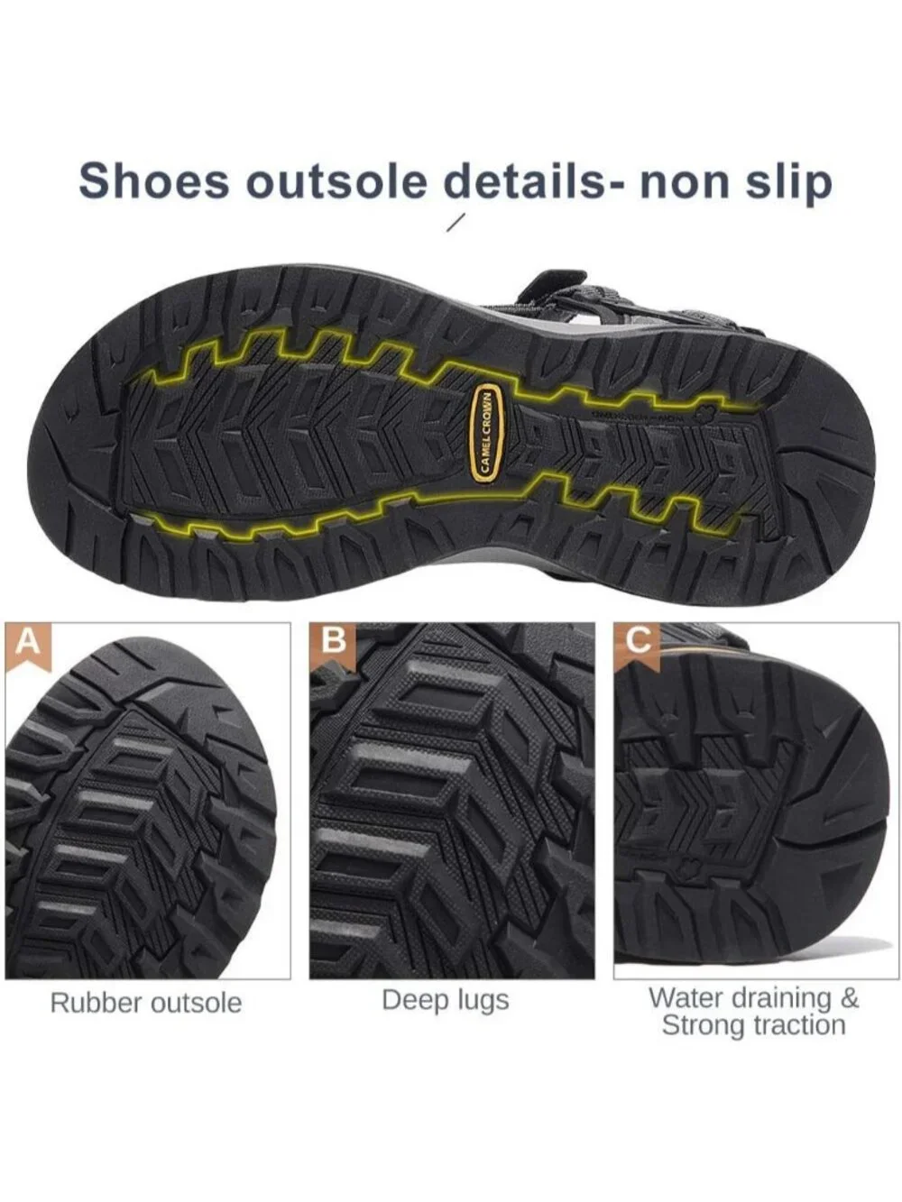 Men's Grey And Black Arch Support Open Toe Waterproof Hiking Sport Sandal Shoes